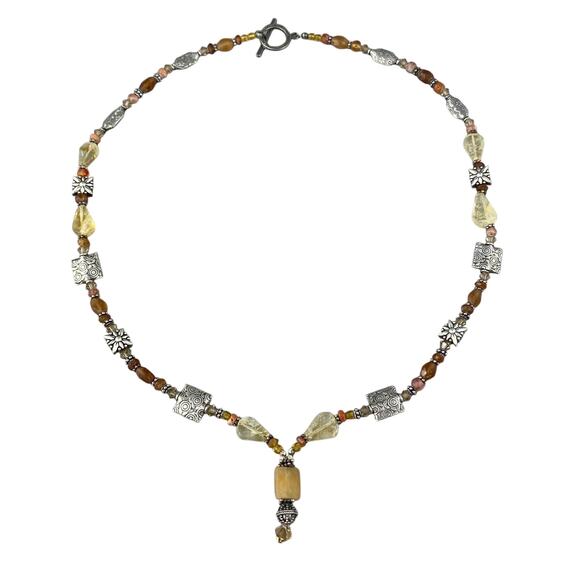 Gold Orange Clear Quartz Beaded Toggle Necklace | Vintage Silver Plated | 21" - Picture 3 of 8